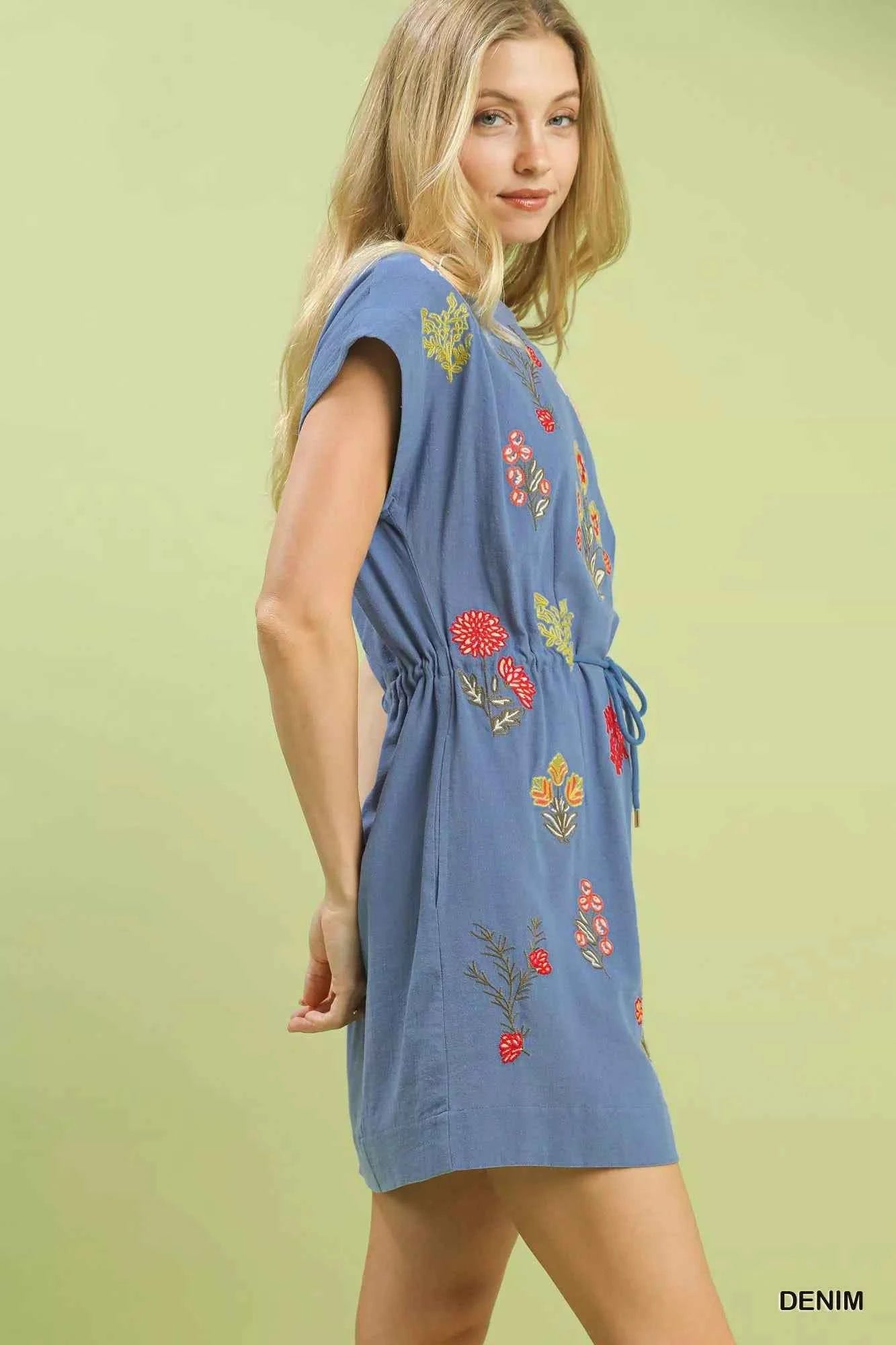 Umgee Embroidered Floral Mini Dress with Waist Tie Umgee Embroidered Floral Mini Dress with Waist Tie