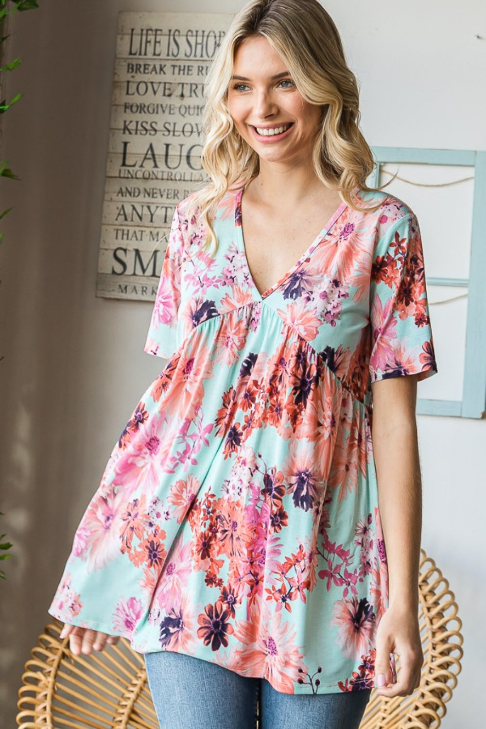 Heimish Full Size Floral V-Neck Short Sleeve Babydoll Blouse Heimish Full Size Floral V-Neck Short Sleeve Babydoll Blouse - TopFashionHQ