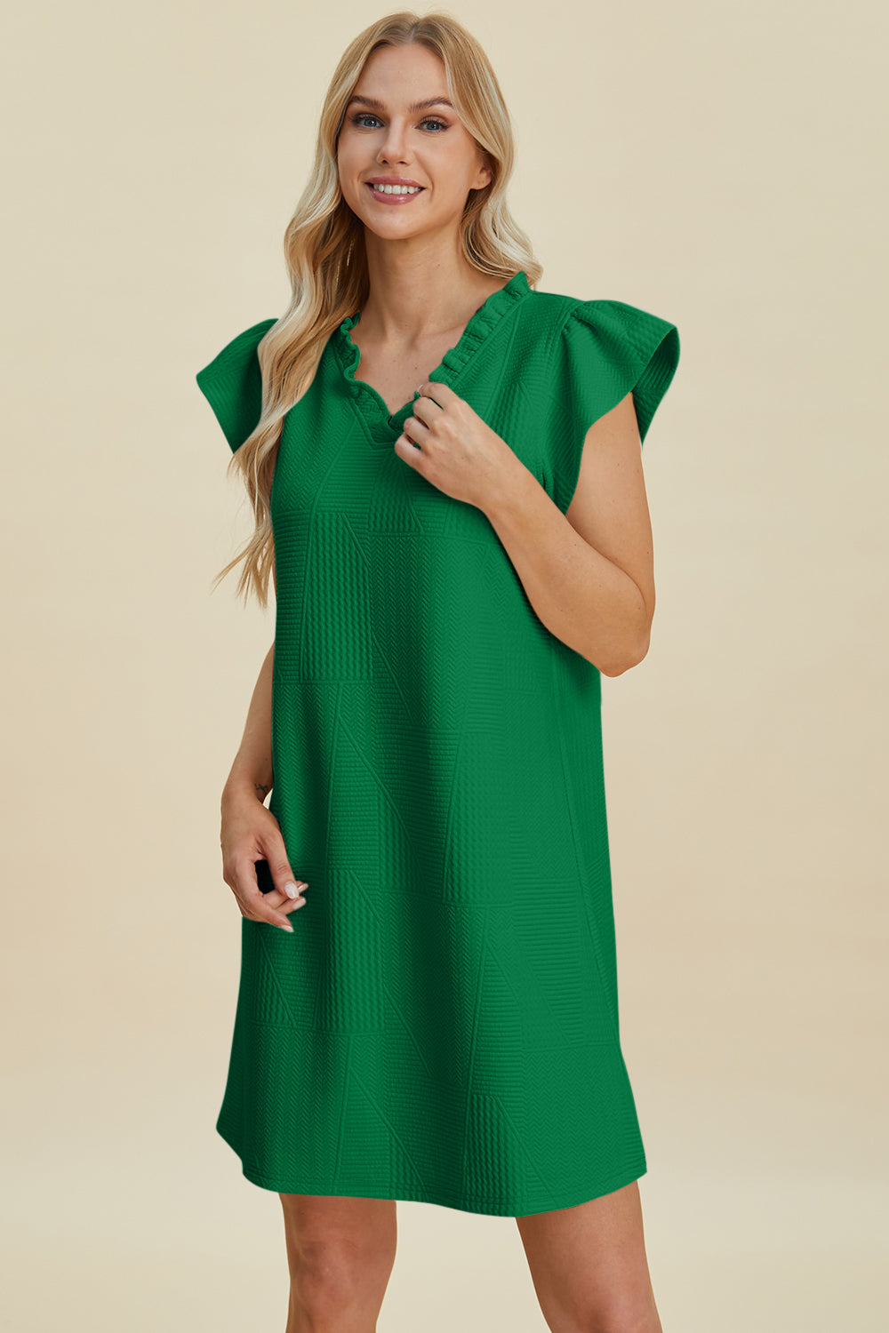 Double Take Full Size Ruffled V-Neck Cap Sleeve Dress Double Take Full Size Ruffled V-Neck Cap Sleeve Dress
