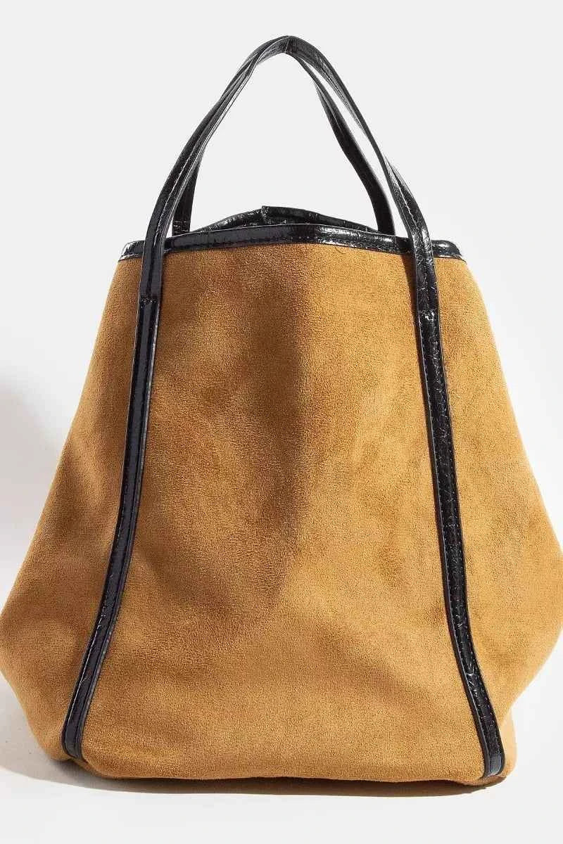 Fame Suede Tote Faux Leather Trim Shoulder Strap Fame Suede Tote Faux Leather Trim Shoulder Strap