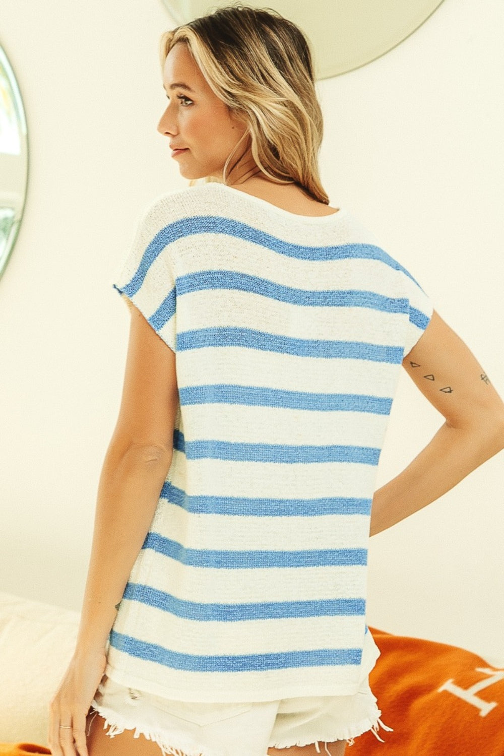 BiBi Striped Round Neck Short Sleeve Knit Top BiBi Striped Round Neck Short Sleeve Knit Top - TopFashionHQ