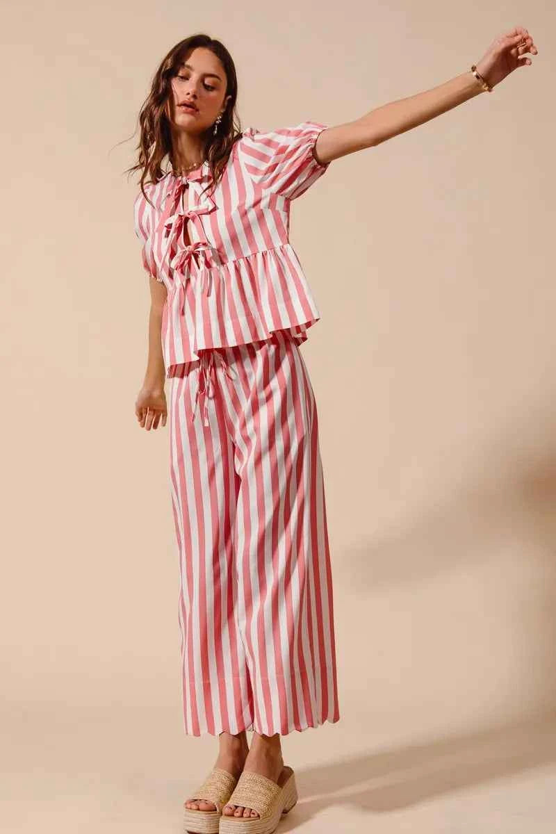 SO ME Front Tie Stripe Top With Puff Sleeves and Wide Leg Pants Set SO ME Front Tie Stripe Top With Puff Sleeves and Wide Leg Pants Set