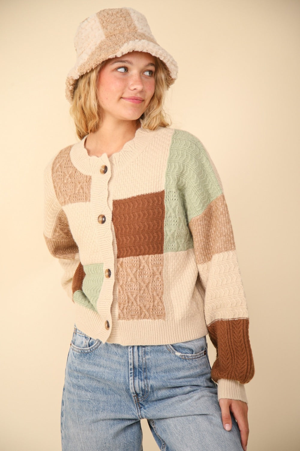 VERY J Color Block Button Down Textured Sweater Cardigan VERY J Color Block Button Down Textured Sweater Cardigan