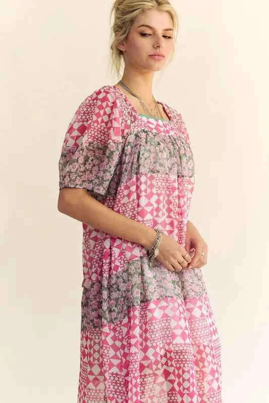 Davi & Dani Multi Floral Square Neck Puff Sleeve Maxi Dress Davi & Dani Multi Floral Square Neck Puff Sleeve Maxi Dress