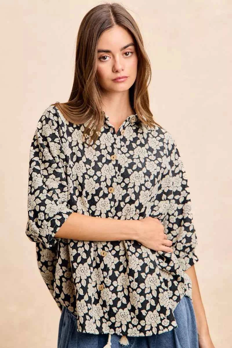 BiBi Floral Jacquard Short Dolman Sleeves Shirt BiBi Floral Jacquard Short Dolman Sleeves Shirt