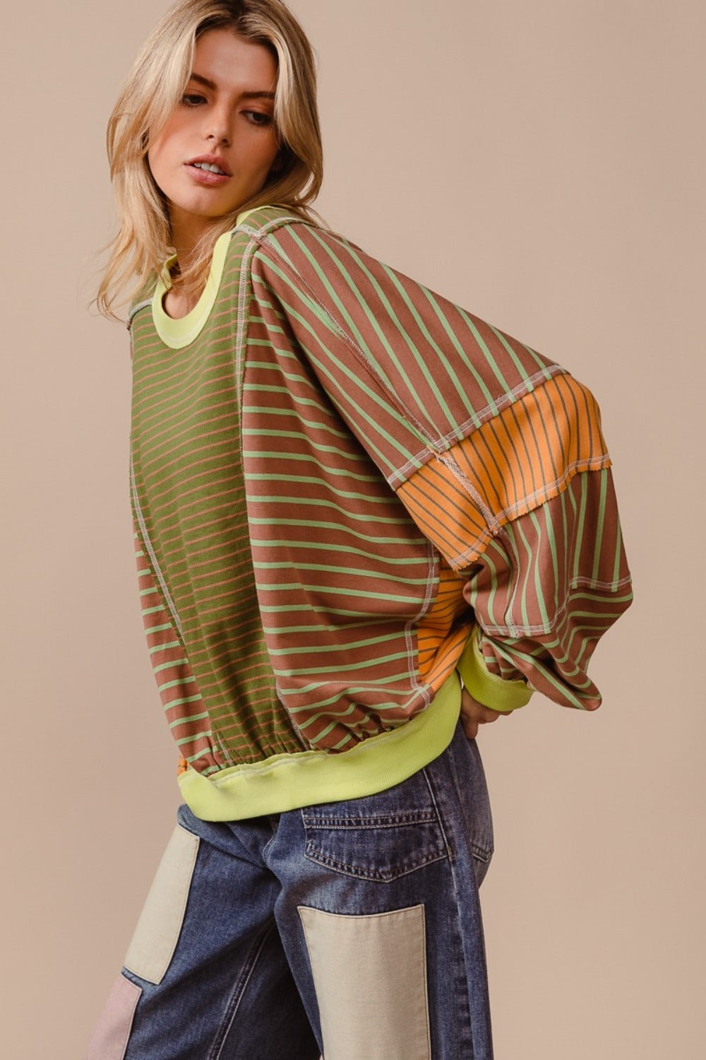 BiBi Color Block Striped Round Neck Sweatshirt BiBi Color Block Striped Round Neck Sweatshirt