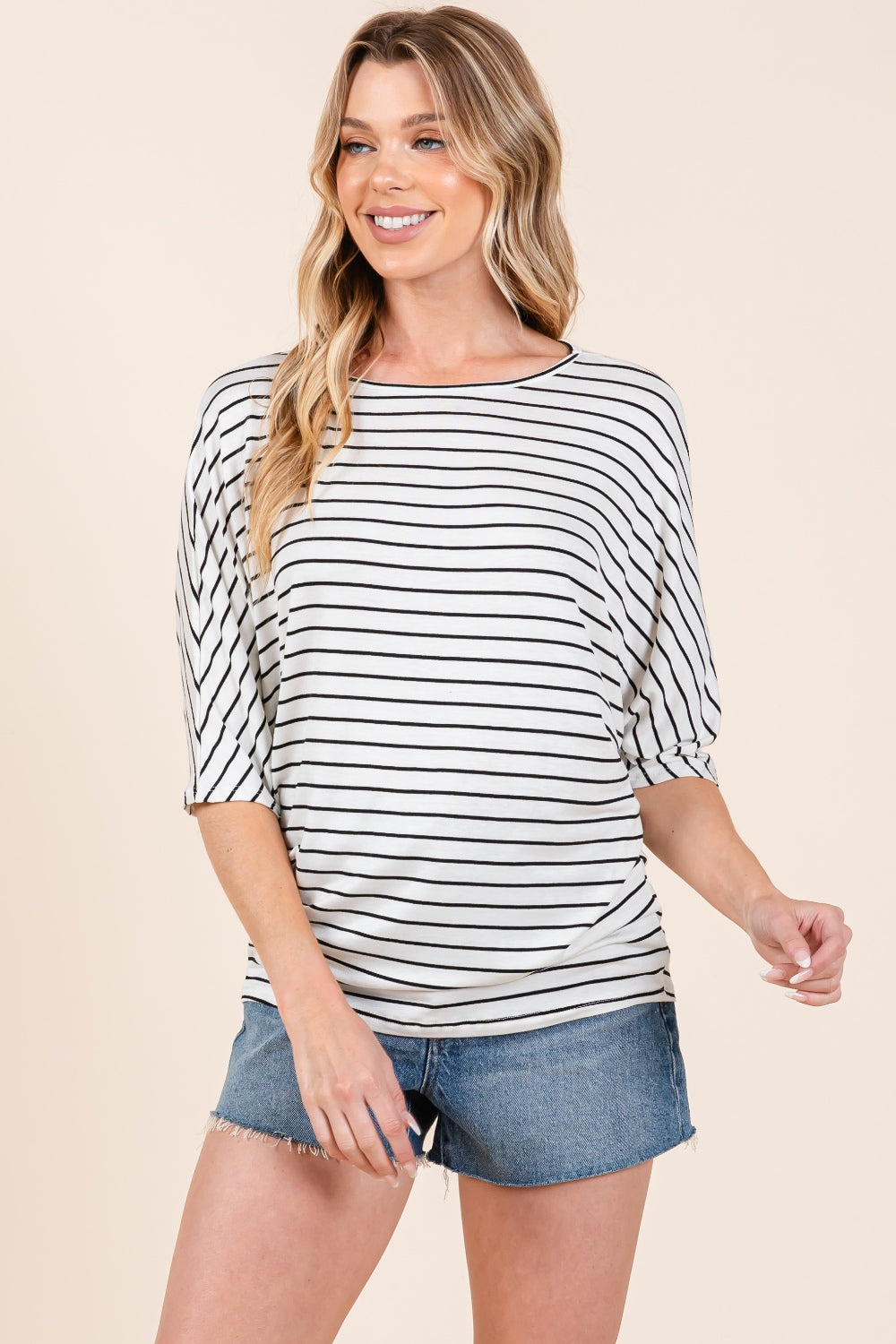 BOMBOM Striped Boat Neck Dolman Sleeve Top BOMBOM Striped Boat Neck Dolman Sleeve Top - TopFashionHQ