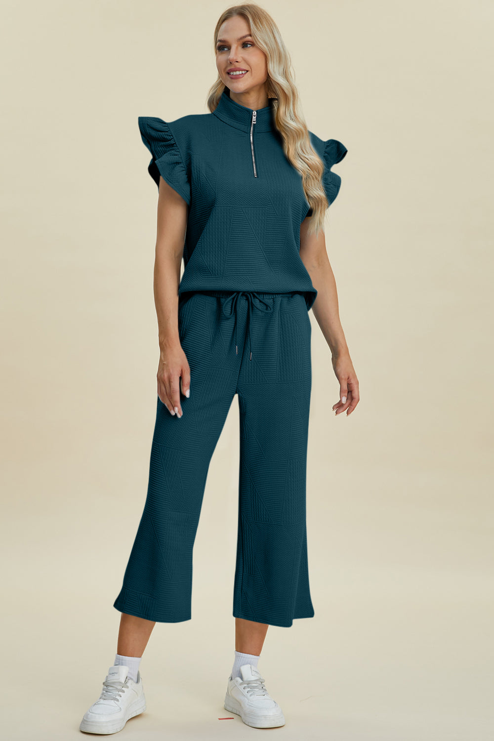 Double Take Full Size Texture Ruffle Short Sleeve Top and Wide Leg Pants Set Double Take Full Size Texture Ruffle Short Sleeve Top and Wide Leg Pants Set