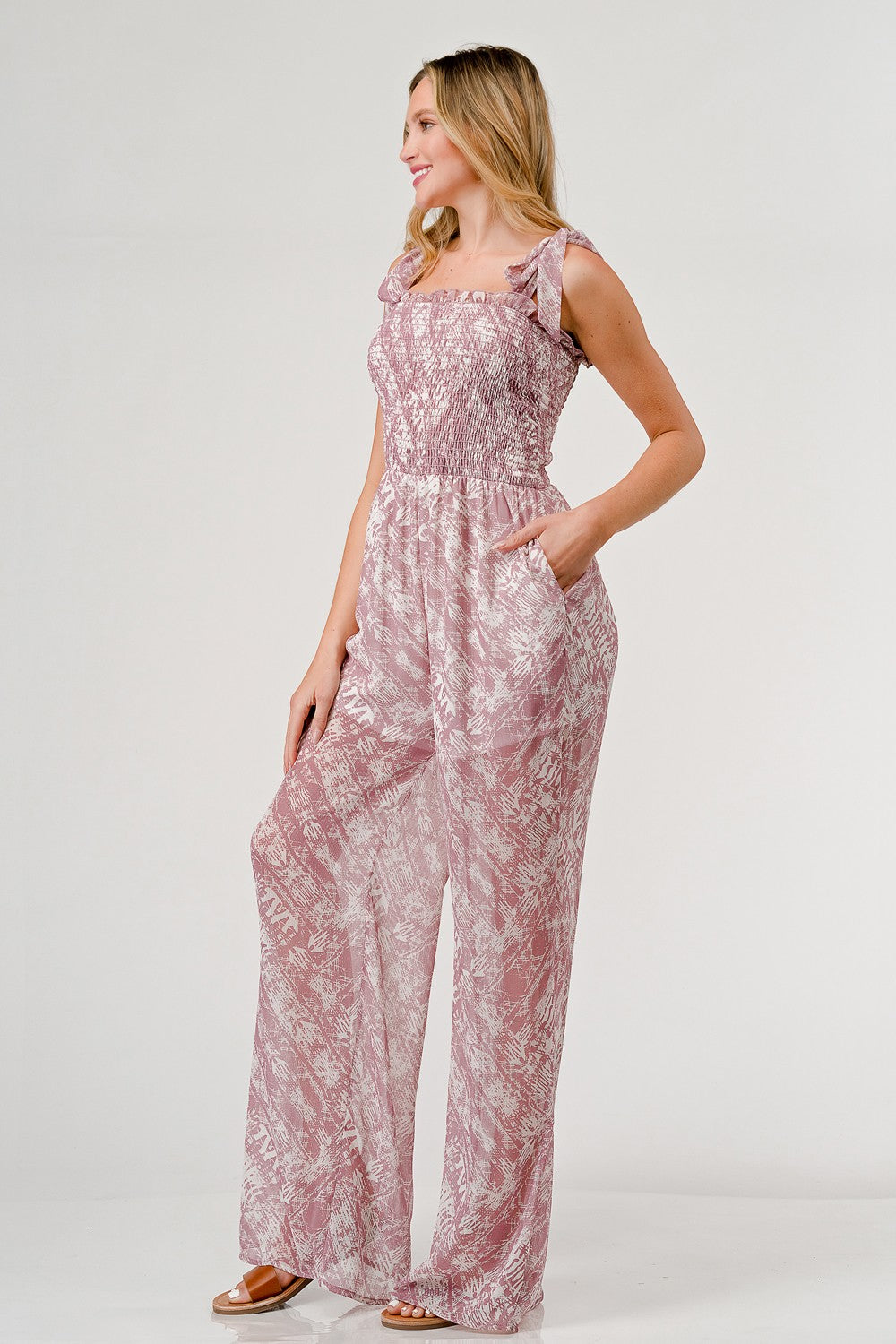 GeeGee Printed Tie Shoulder Wide Leg Jumpsuit GeeGee Printed Tie Shoulder Wide Leg Jumpsuit - TopFashionHQ