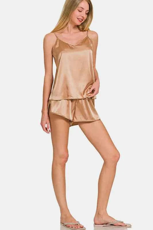 Zenana V-Neck Satin Cami and Elastic Waist Shorts Lounge Set Zenana V-Neck Satin Cami and Elastic Waist Shorts Lounge Set