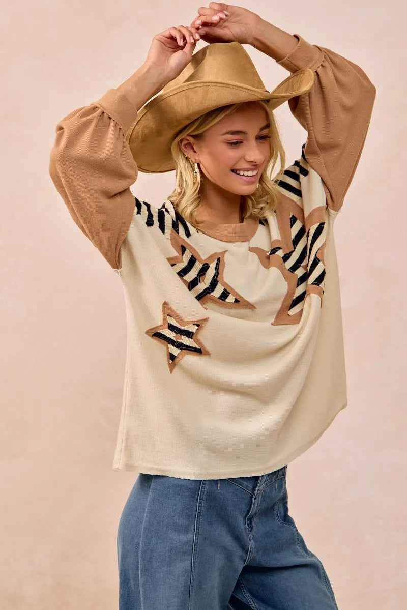 BiBi Star Patchwork Mixed Long Sleeve Top fd36c0856a164c31864cb927bba66a23-Max-Origin