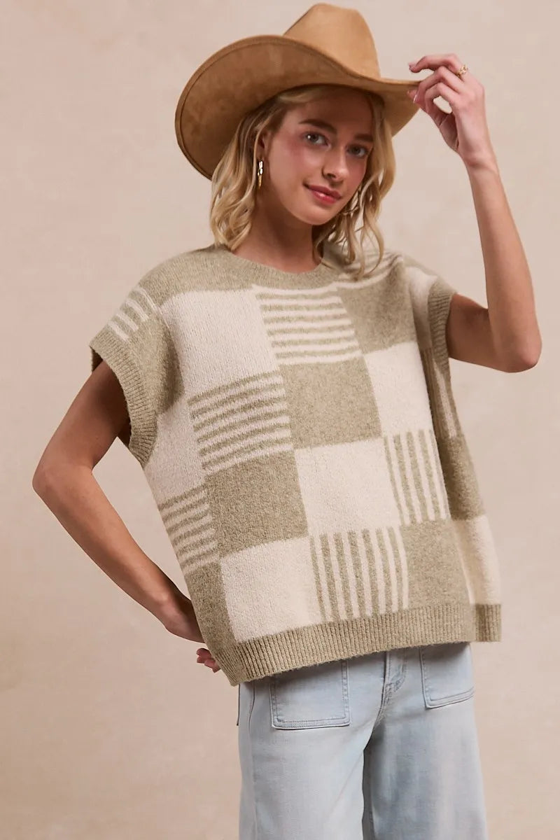 BiBi Checker With Stripes Pattern Sleeveless Sweater fd4312af707844bc94ab3c3299aae5de-Max-Origin