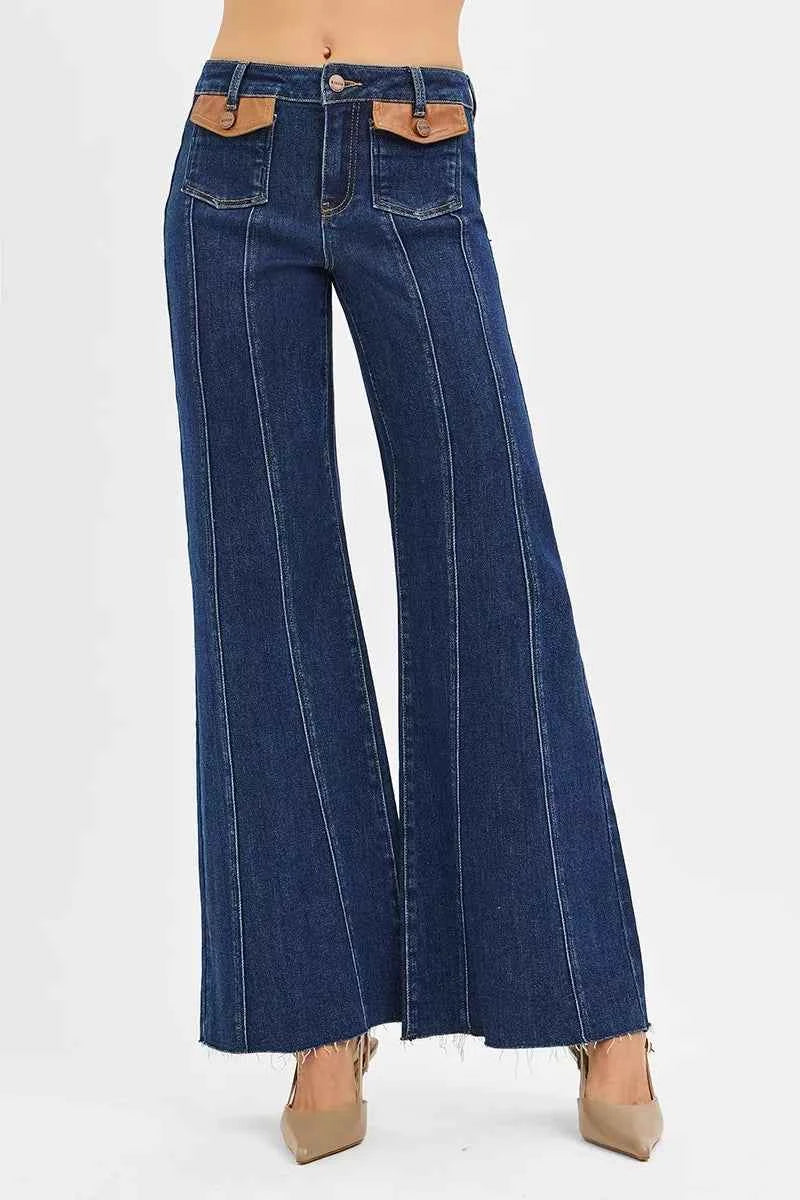 RISEN High Rise Wide Flare Jeans with Front Leather Pocket Detail RISEN High Rise Wide Flare Jeans with Front Leather Pocket Detail