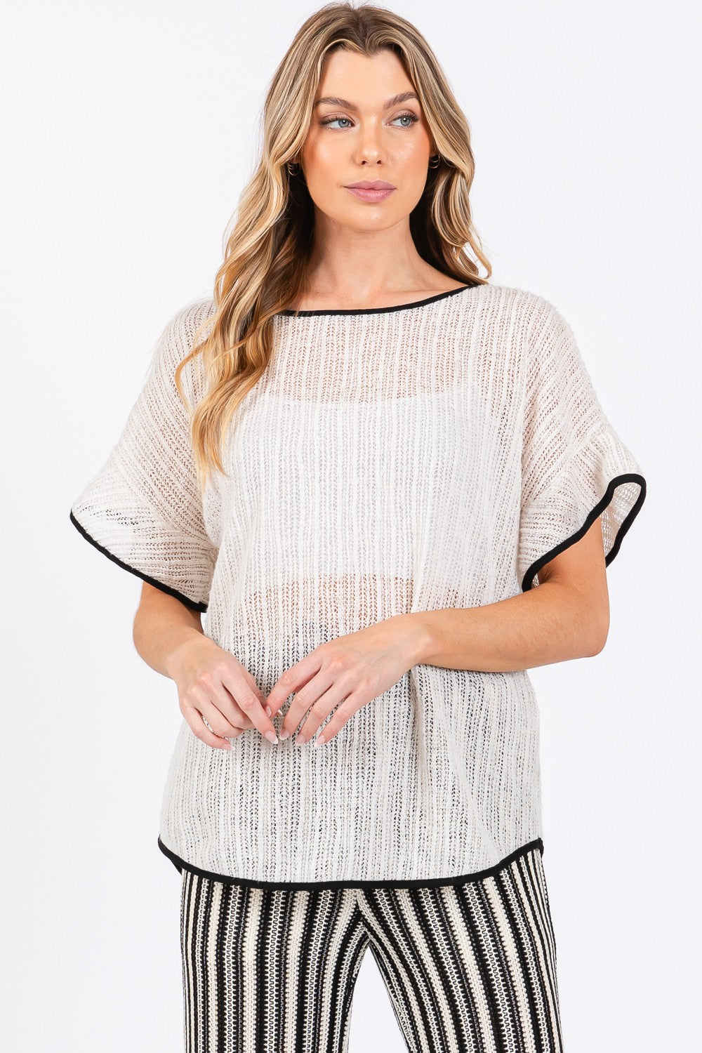 GeeGee Contrast Trim Short Sleeve Knit Cover Up GeeGee Contrast Trim Short Sleeve Knit Cover Up - TopFashionHQ