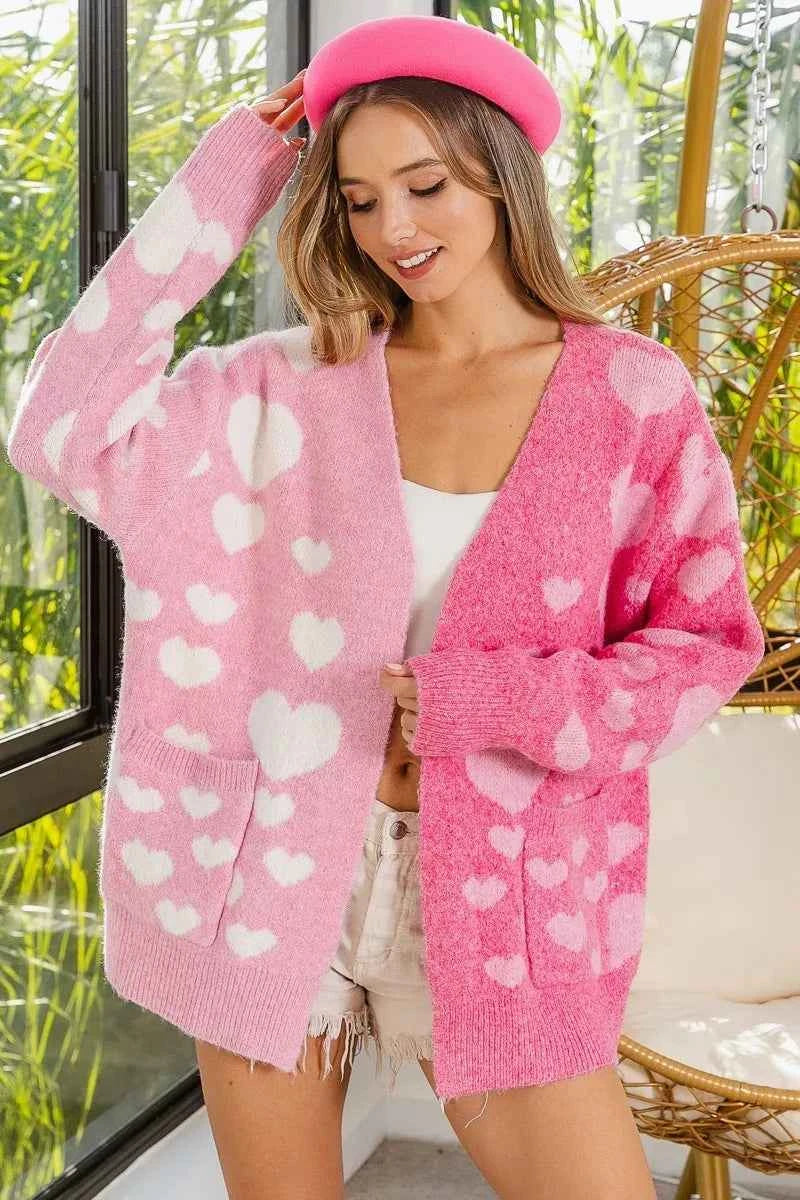 BiBi Heart Color Block V-Beck Knit Cardigan with Pockets BiBi Heart Color Block V-Beck Knit Cardigan with Pockets