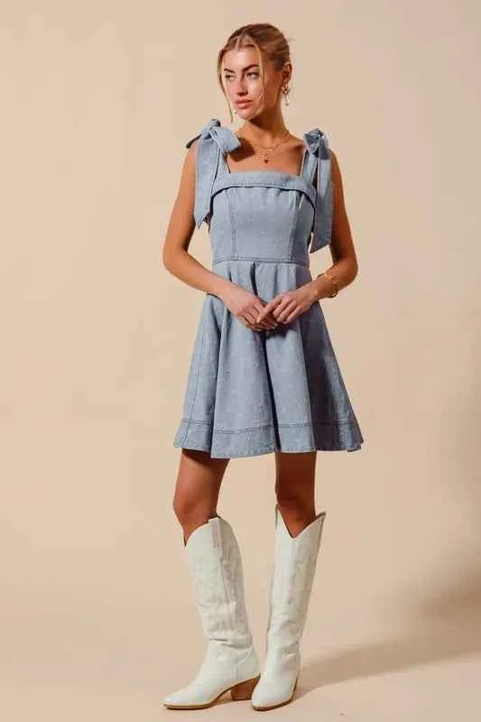 SO ME A Line Fit and Flare Diamond Bow Ribbon Denim Dres SO ME A Line Fit and Flare Diamond Bow Ribbon Denim Dres