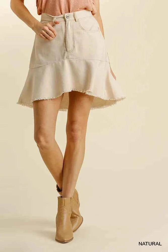 Umgee Linen Blend 5 Pockets High Low Skirt with Frayed Hem Umgee Linen Blend 5 Pockets High Low Skirt with Frayed Hem