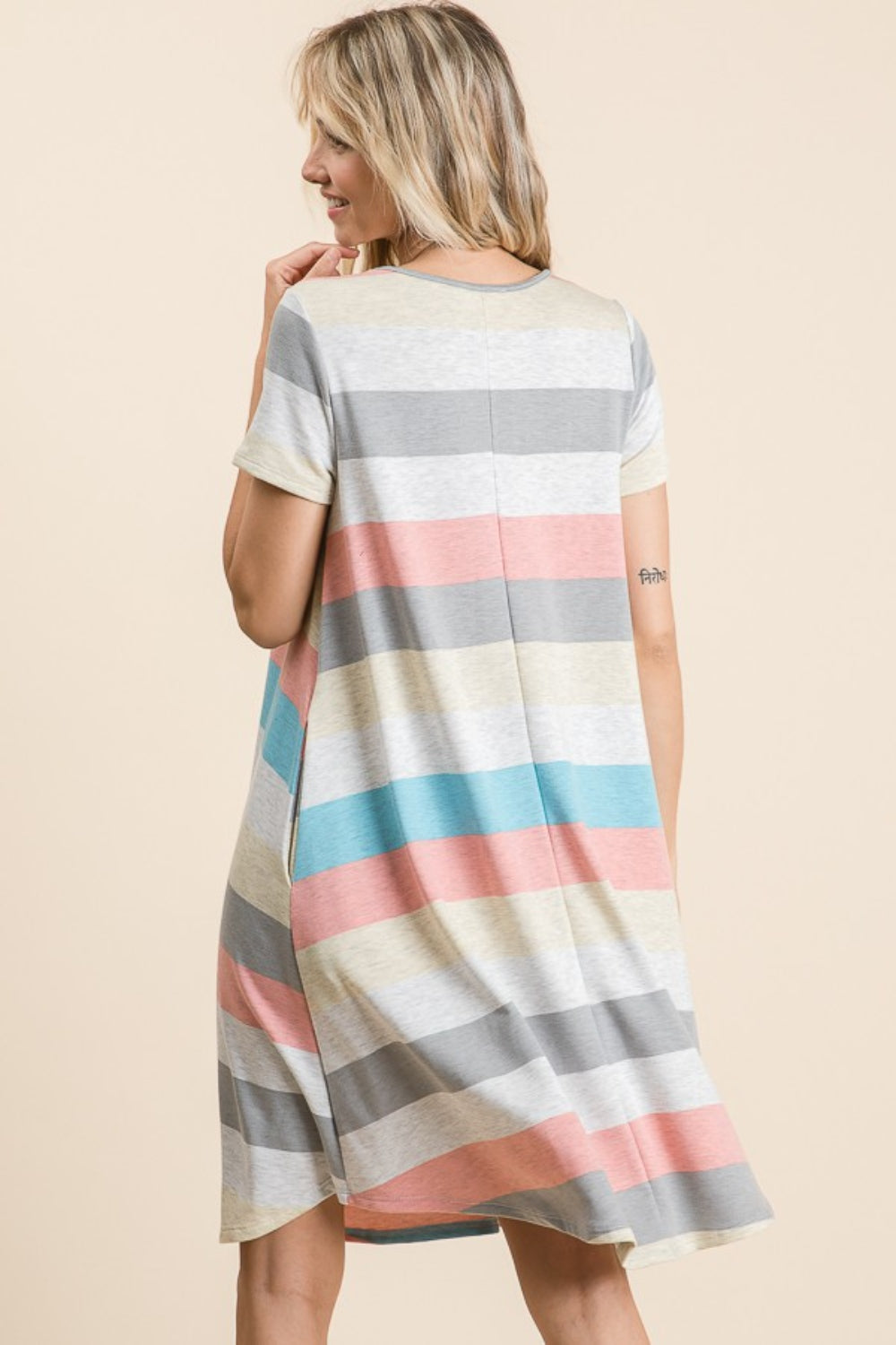 BOMBOM Striped Short Sleeve Dress with Pockets BOMBOM Striped Short Sleeve Dress with Pockets - TopFashionHQ