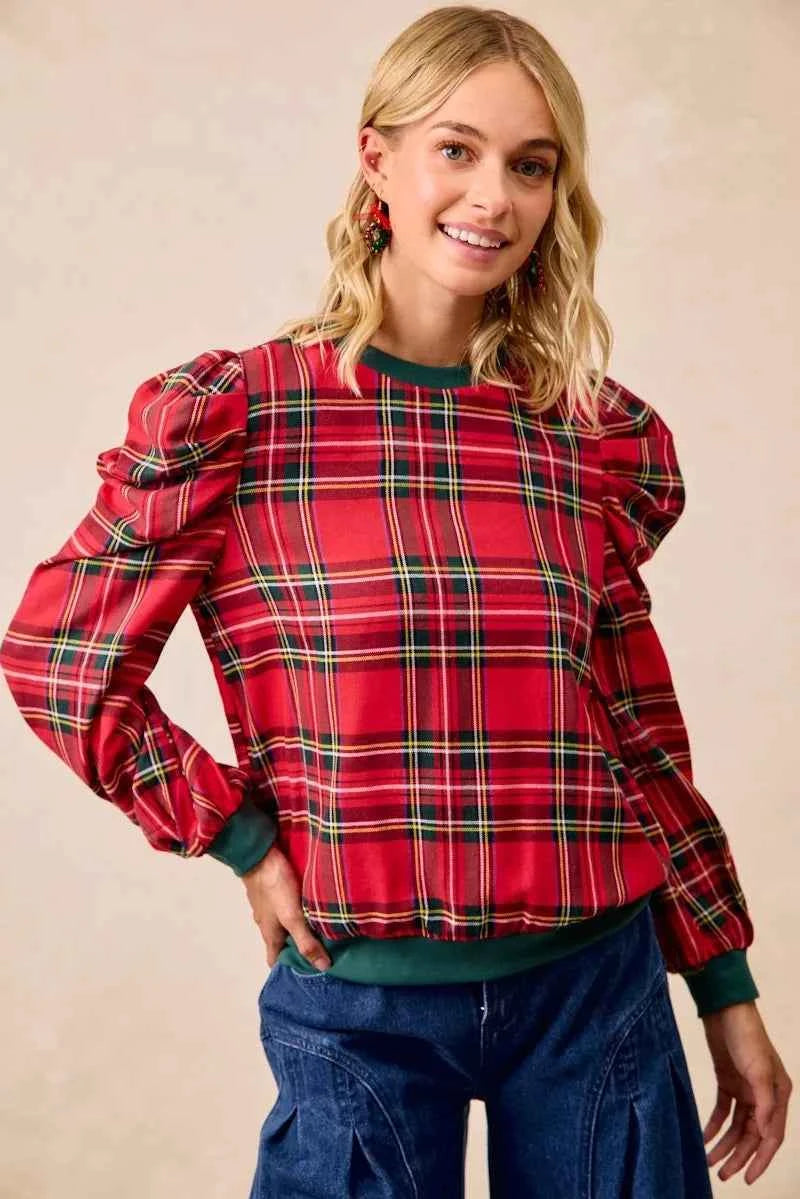 BiBi Christmas Plaid Exaggerated Shoulder Sleeves Top BiBi Christmas Plaid Exaggerated Shoulder Sleeves Top
