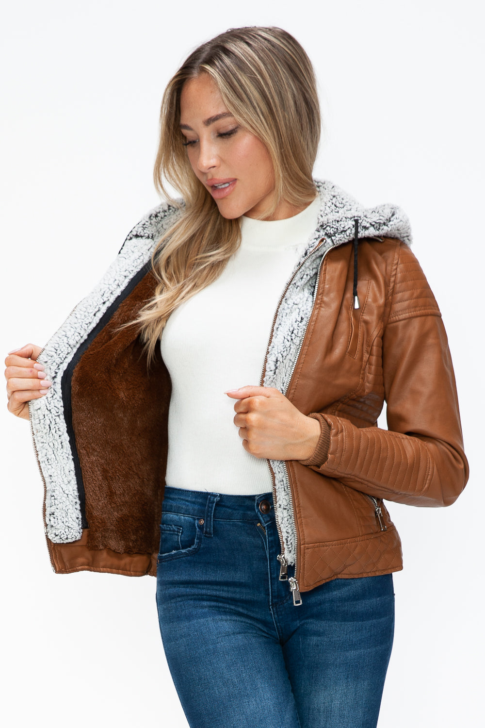 YMI Faux Layered Double-Zipper Jacket with Fuzzy Hood YMI Faux Layered Double-Zipper Jacket with Fuzzy Hood - TopFashionHQ