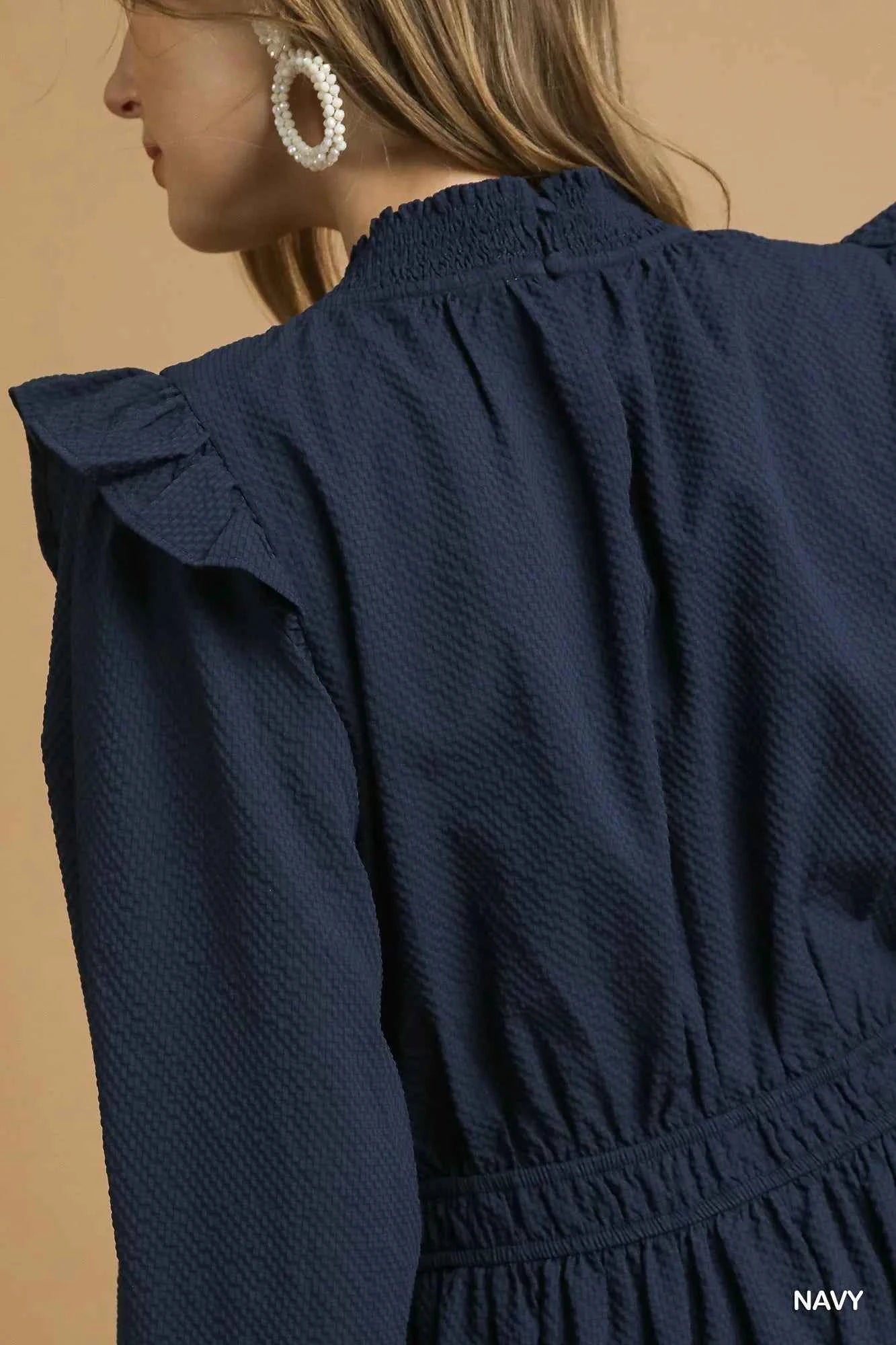 Umgee Textured Midi Dress with Ruffle Shoulder Detail Umgee Textured Midi Dress with Ruffle Shoulder Detail