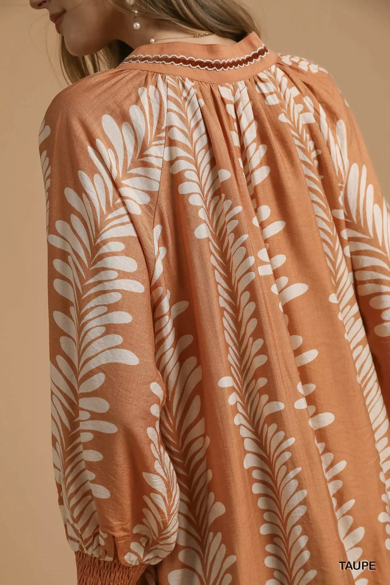 Umgee Leaf Print Notched Mini Babydoll Dress fde70369-3db0-4fc9-974c-a26c2fbbfbf1-Max-Origin