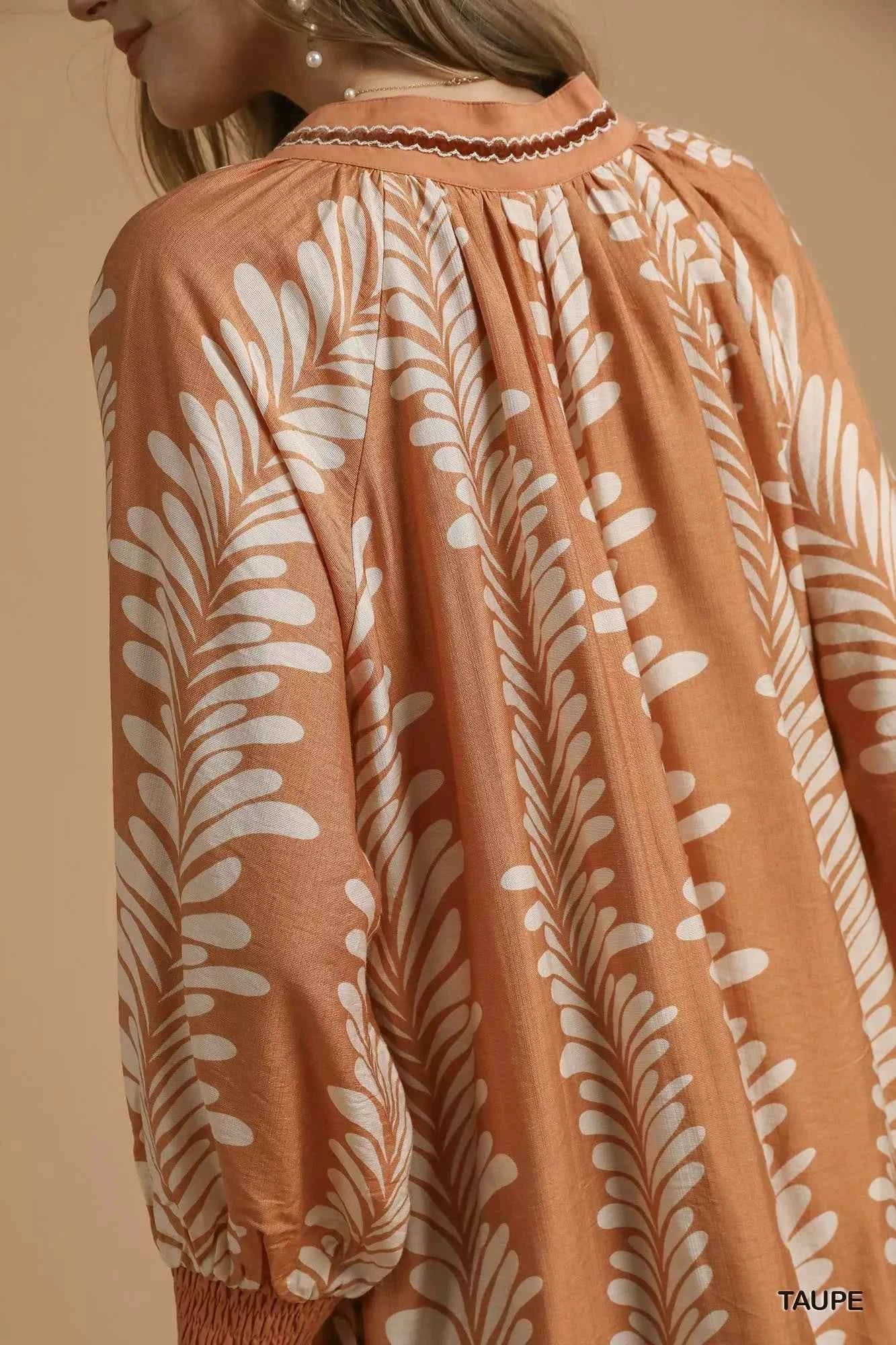 Umgee Leaf Print Notched Mini Babydoll Dress Umgee Leaf Print Notched Mini Babydoll Dress