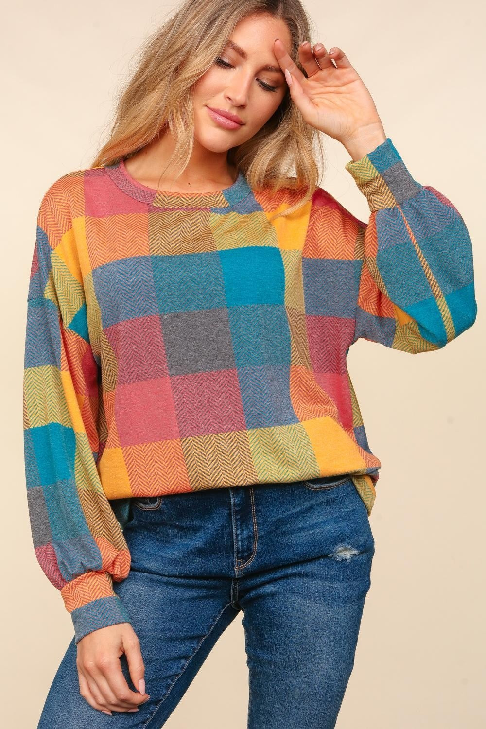 Haptics Round Neck Color Block Plaid Top Haptics Round Neck Color Block Plaid Top - TopFashionHQ