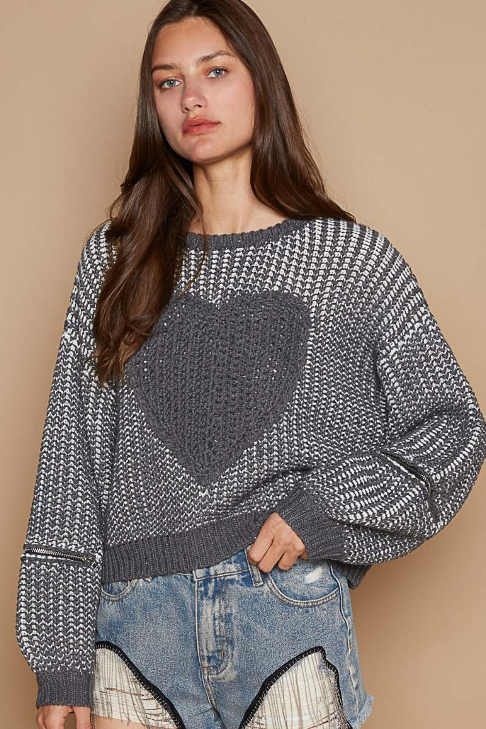 POL Round Neck Heart Patch Zipper Point Sleeve Sweater POL Round Neck Heart Patch Zipper Point Sleeve Sweater - TopFashionHQ