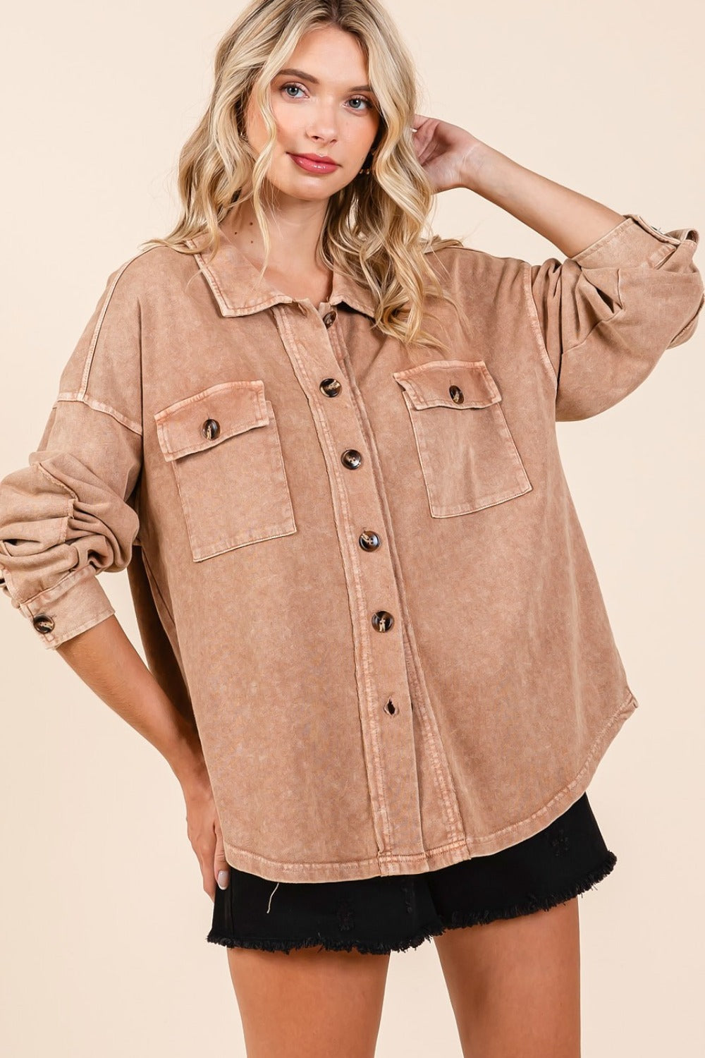 Mittoshop Mineral Wash French Terry Elbow Patch Shacket Mittoshop Mineral Wash French Terry Elbow Patch Shacket