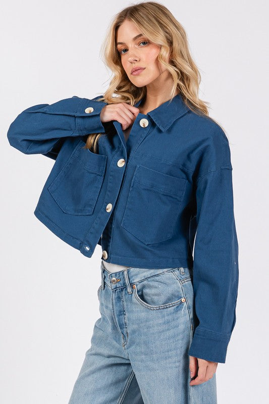 bytos Button Down Cropped Denim Jacket with Patch Pockets bytos Button Down Cropped Denim Jacket with Patch Pockets