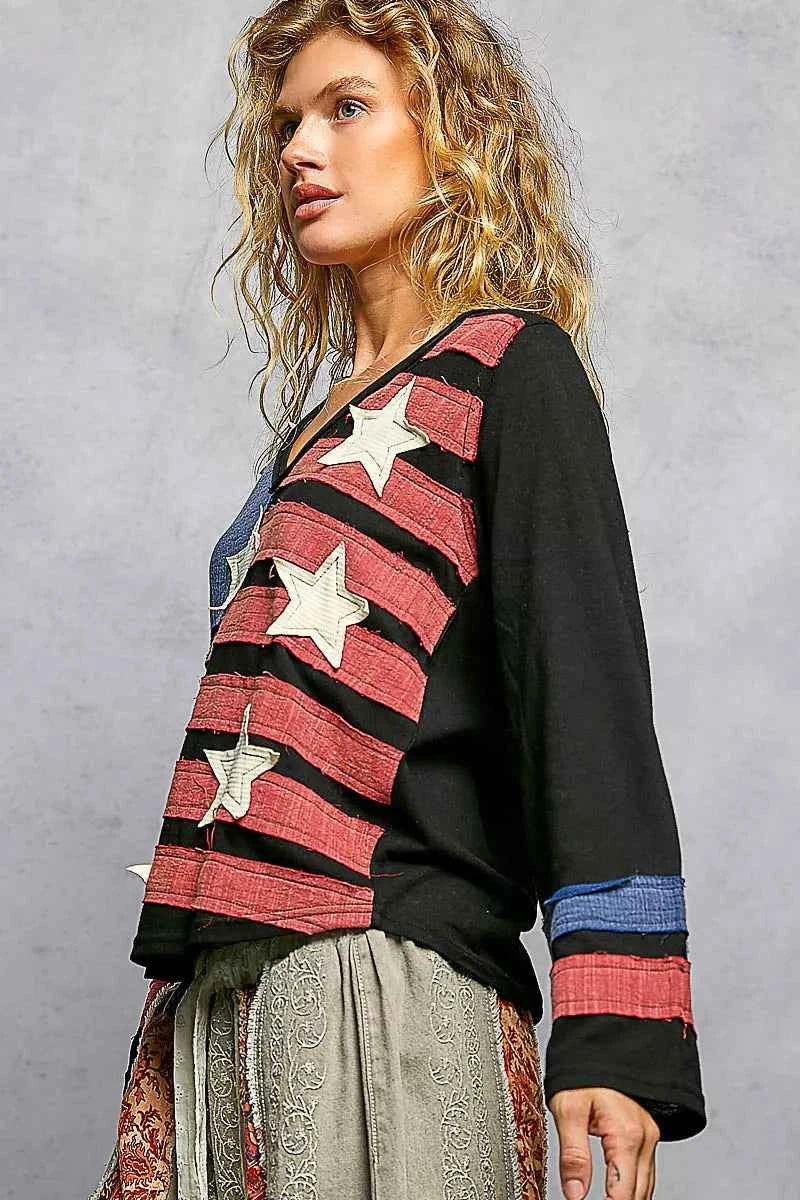 POL Double Gauze American Flag Patch V-Neck Long Sleeve T-Shirt POL Double Gauze American Flag Patch V-Neck Long Sleeve T-Shirt