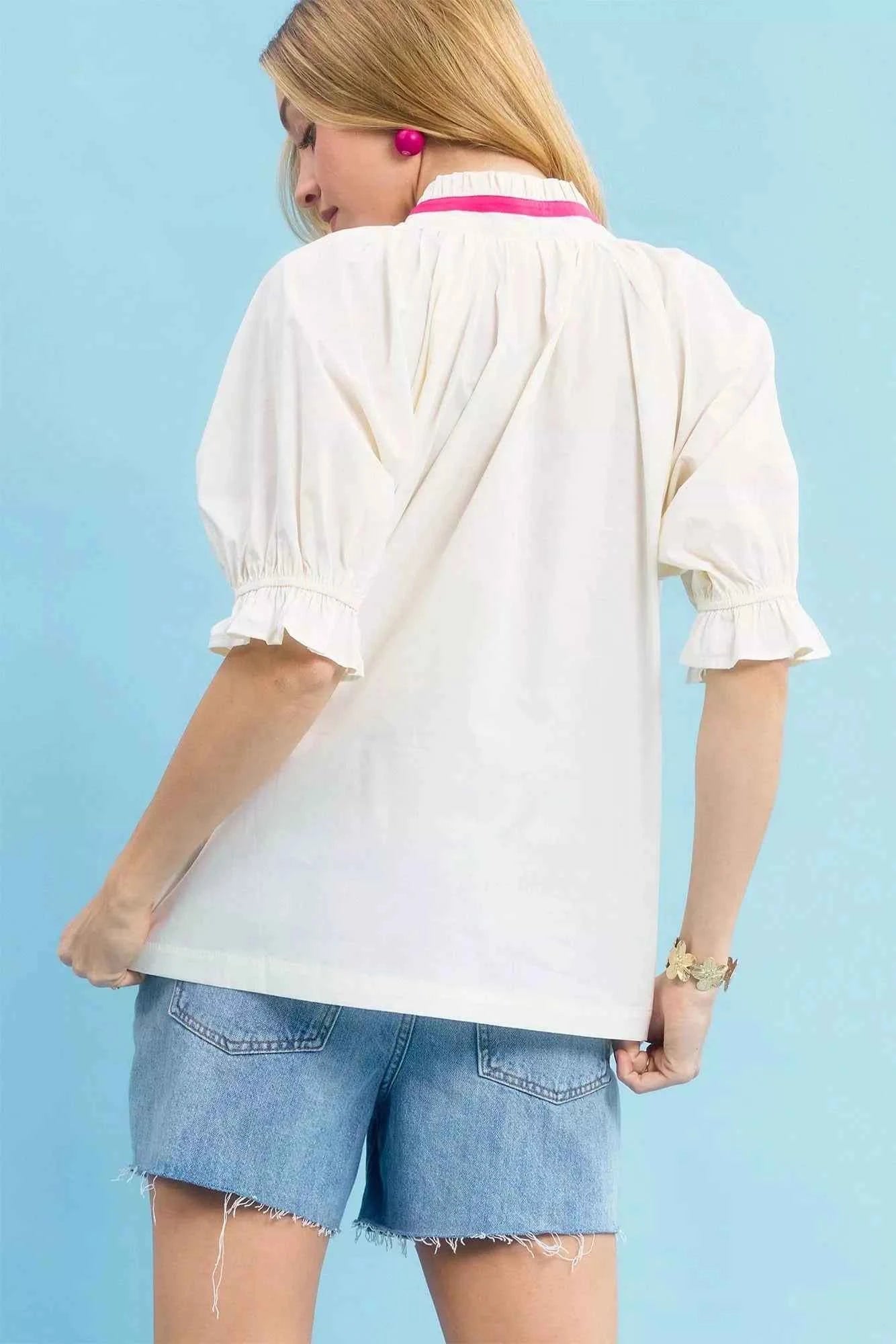 Umgee Embroidered Floral Top with Contrast Trim Umgee Embroidered Floral Top with Contrast Trim