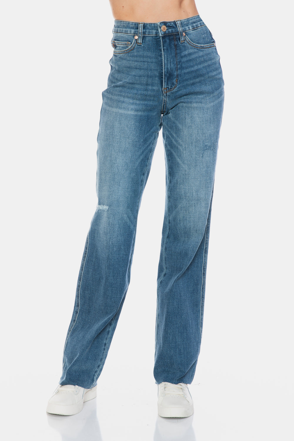 Judy Blue Full Size Tummy Control Cut Raw Hem Straight Jeans Judy Blue Full Size Tummy Control Cut Raw Hem Straight Jeans - TopFashionHQ