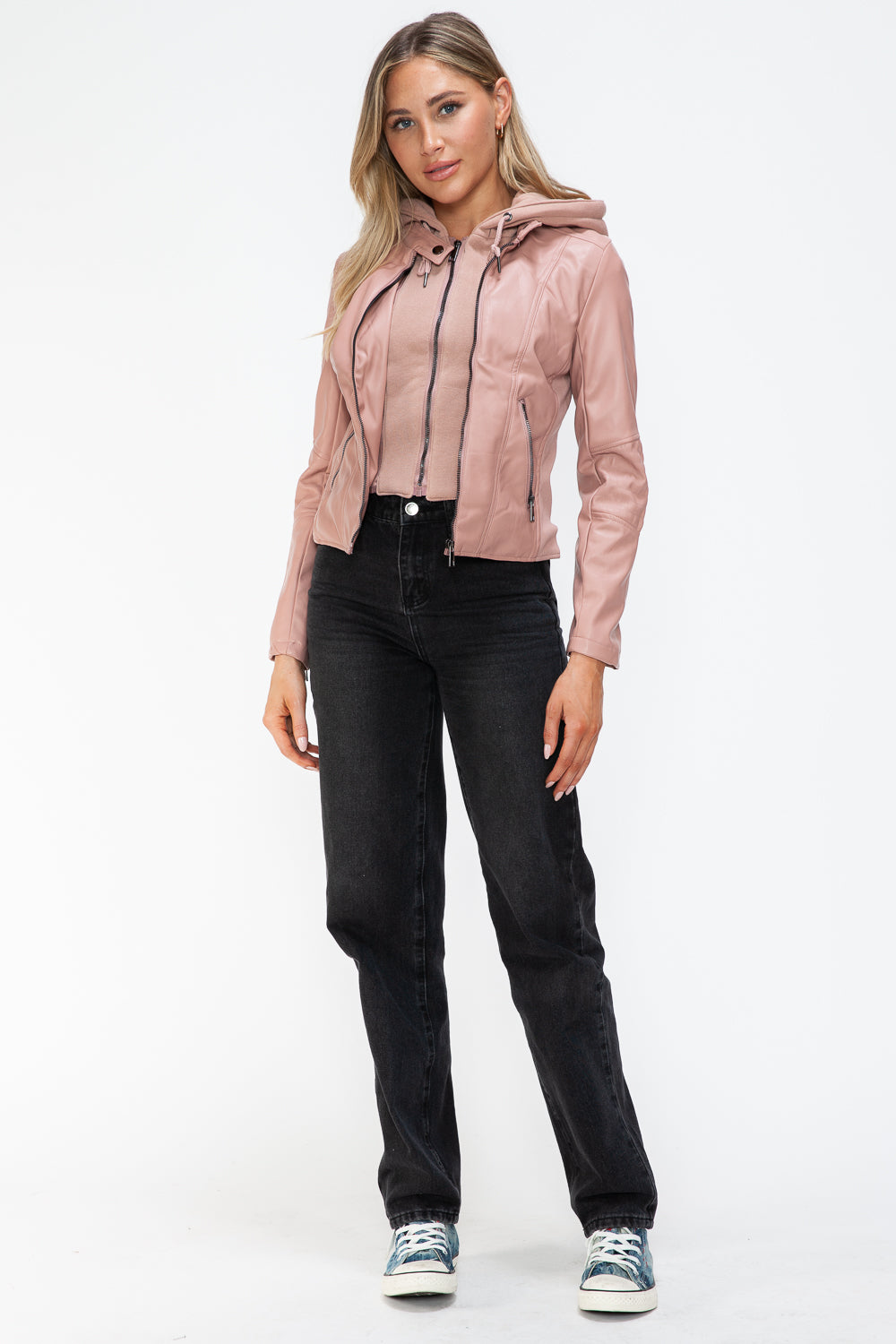 Snobbish Faux Leather Zip Up Drawstring Hooded Jacket Snobbish Faux Leather Zip Up Drawstring Hooded Jacket - TopFashionHQ