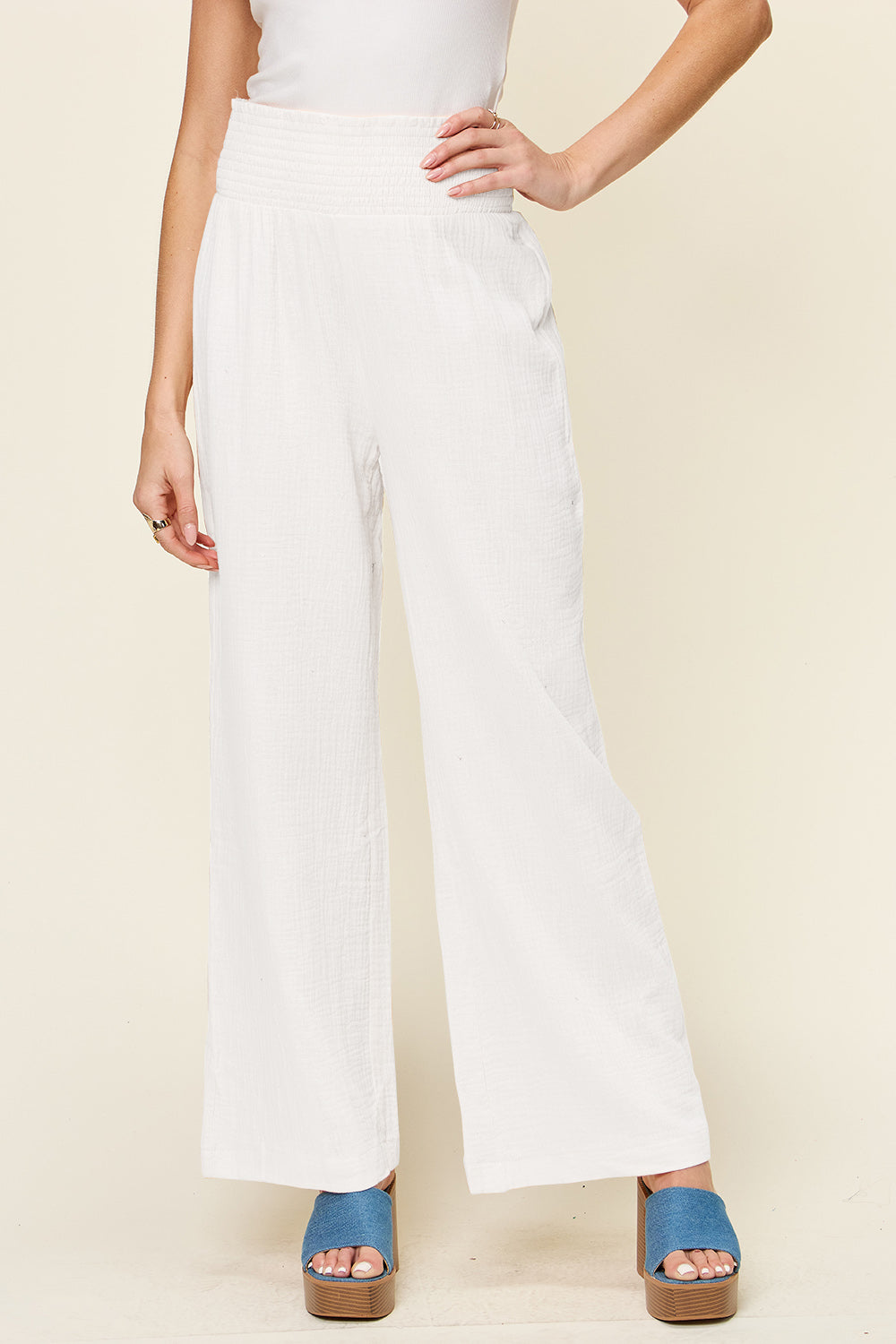 Double Take Full Size Texture Smocked Waist Wide Leg Pants Double Take Full Size Texture Smocked Waist Wide Leg Pants
