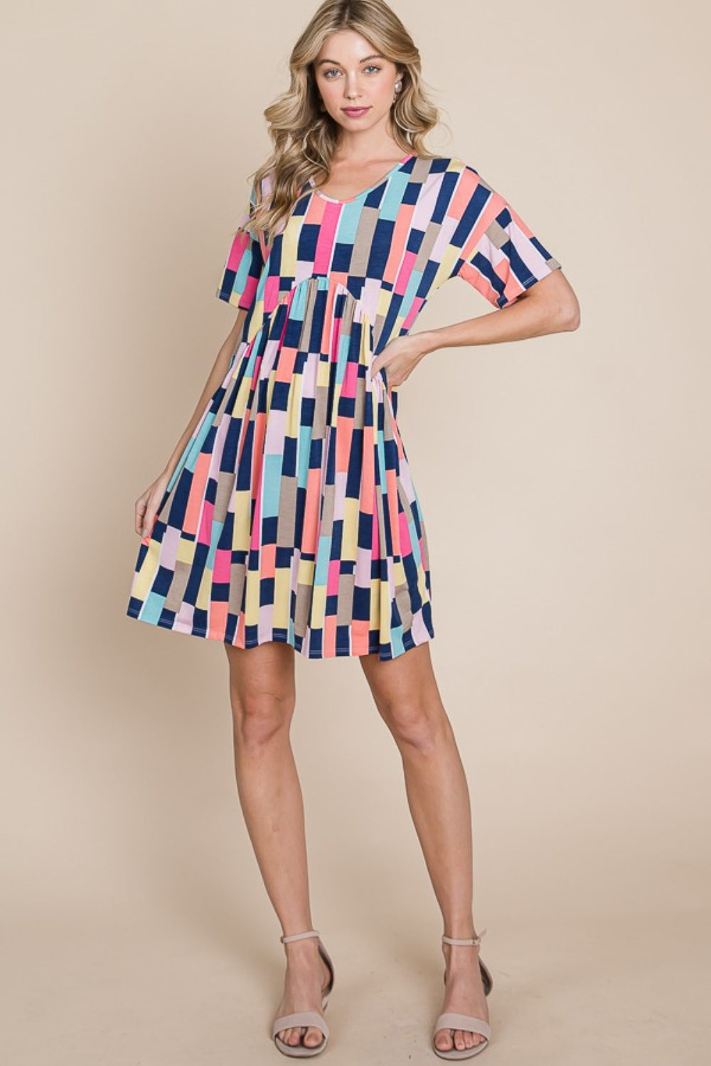 BOMBOM Ruched Color Block Short Sleeve Mini Dress BOMBOM Ruched Color Block Short Sleeve Mini Dress - TopFashionHQ