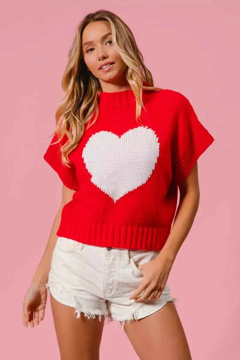 BiBi Rib Banded Heart Pattern Valentines Sweater BiBi Rib Banded Heart Pattern Valentines Sweater