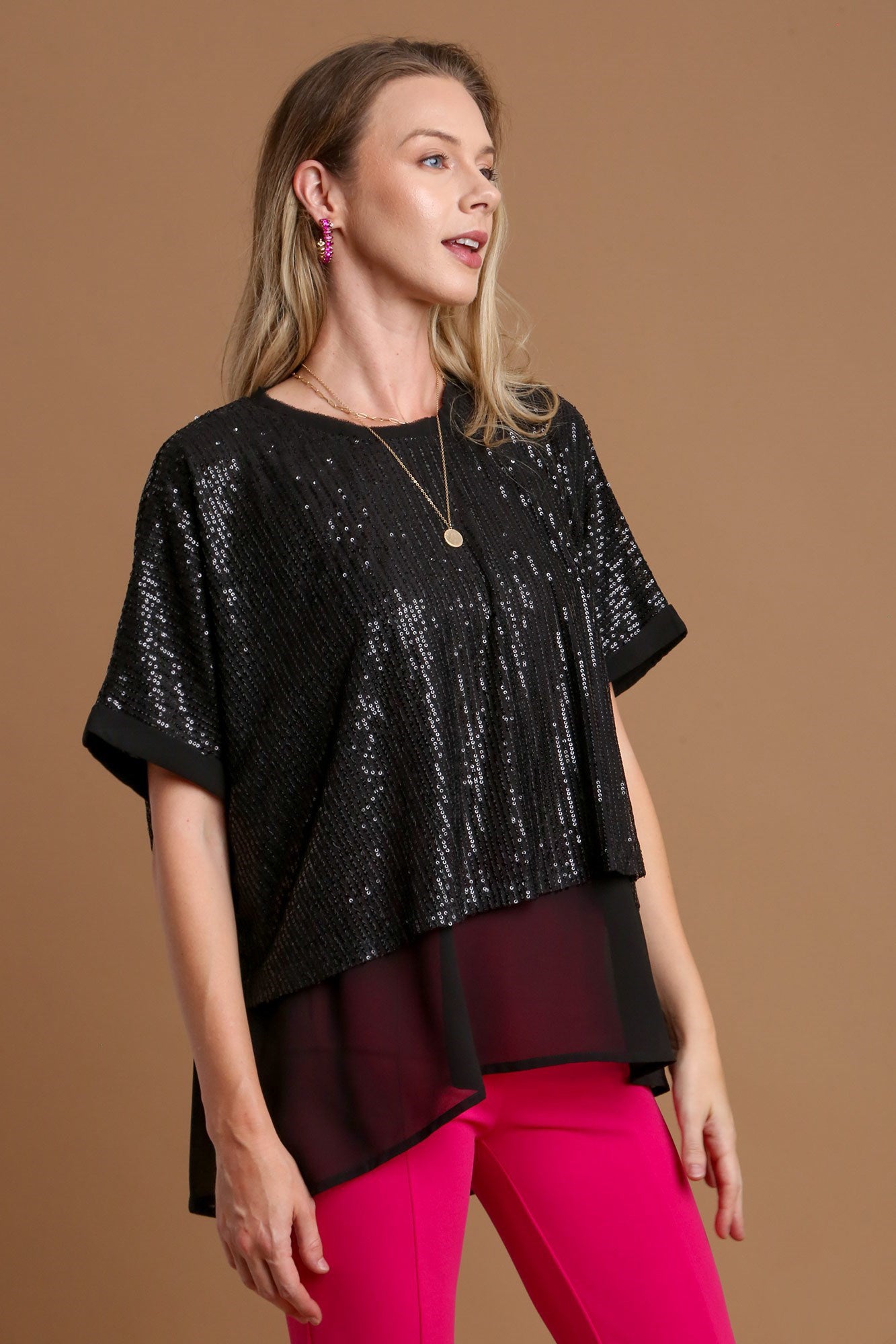 Umgee Sequin Half Sleeve Layered Blouse Umgee Sequin Half Sleeve Layered Blouse - TopFashionHQ
