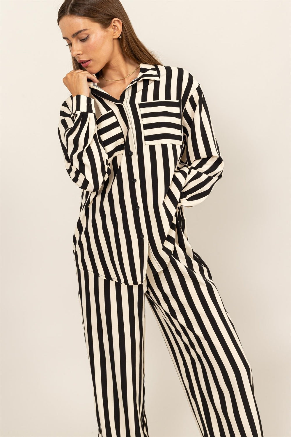 HYFVE Striped Button Up Shirt and Pants Set HYFVE Striped Button Up Shirt and Pants Set - TopFashionHQ