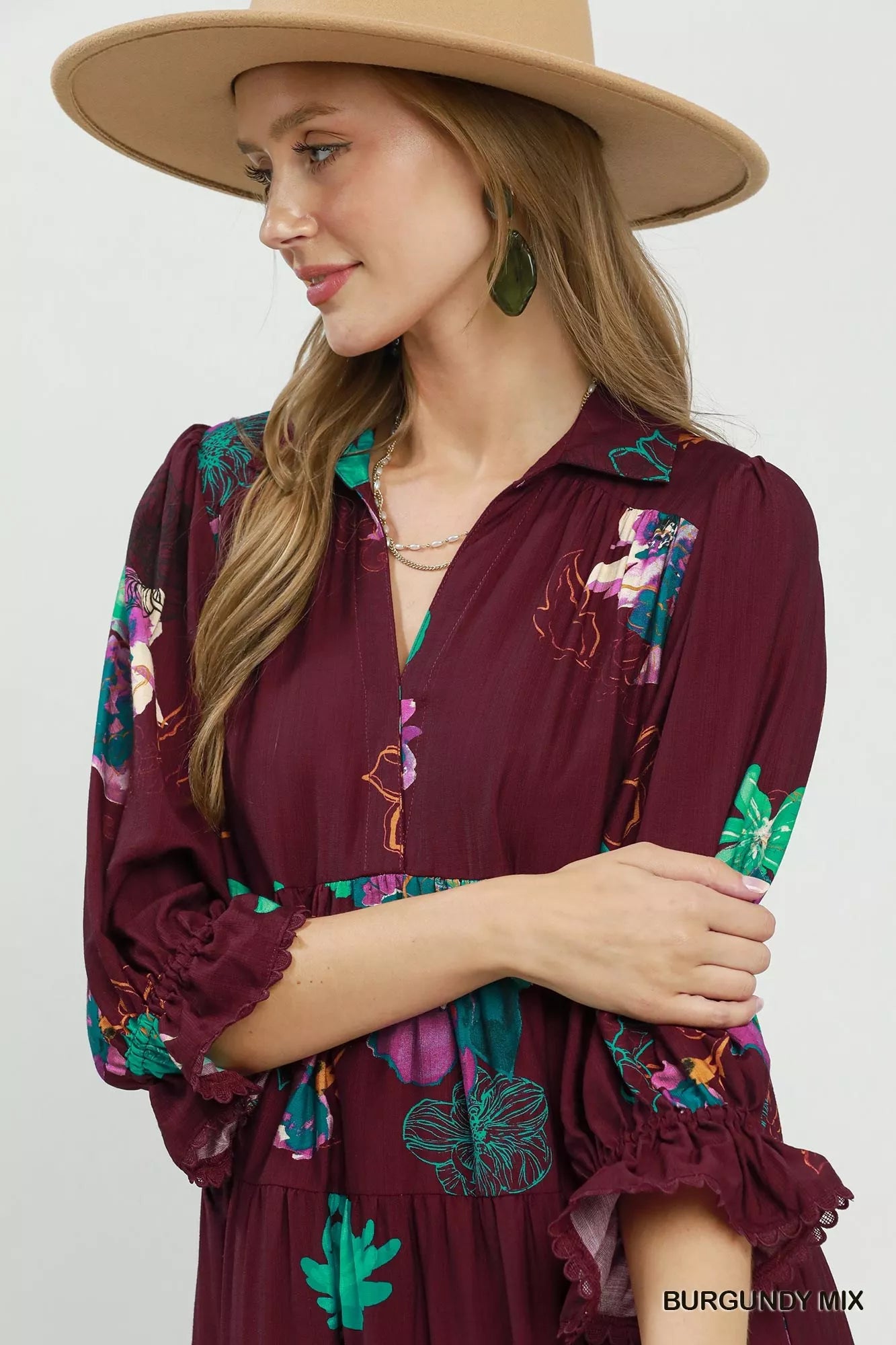 Umgee Floral Print Tiered Midi Dress with Puff Sleeves fef7a848-4527-4e7f-ba9a-74c337aaeb28-Max-Origin