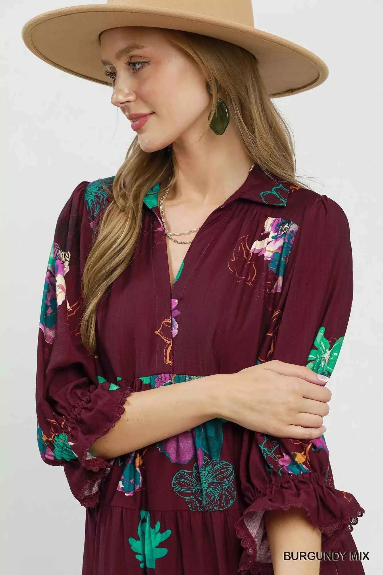 Umgee Floral Print Tiered Midi Dress with Puff Sleeves Umgee Floral Print Tiered Midi Dress with Puff Sleeves