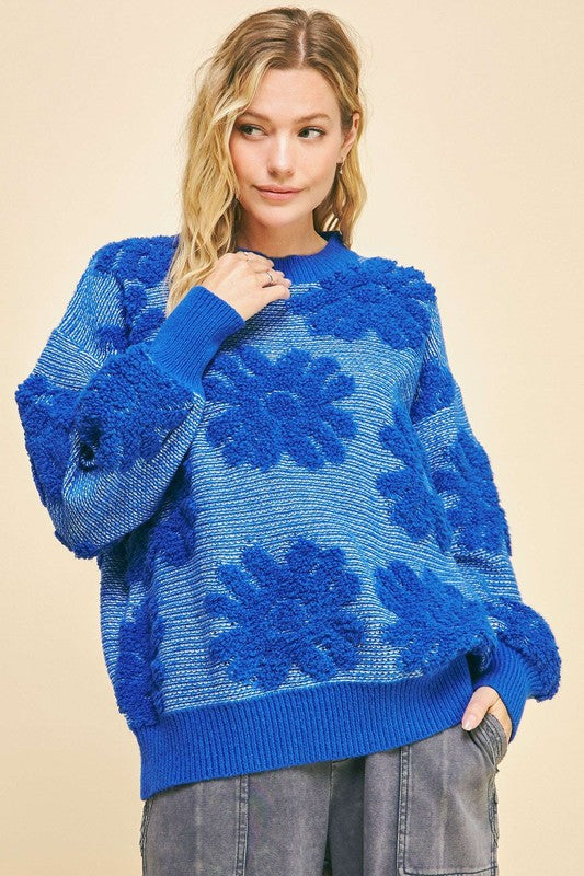 Davi & Dani Flower Texture Round Neck Dropped Shoulder Sweater Davi & Dani Flower Texture Round Neck Dropped Shoulder Sweater