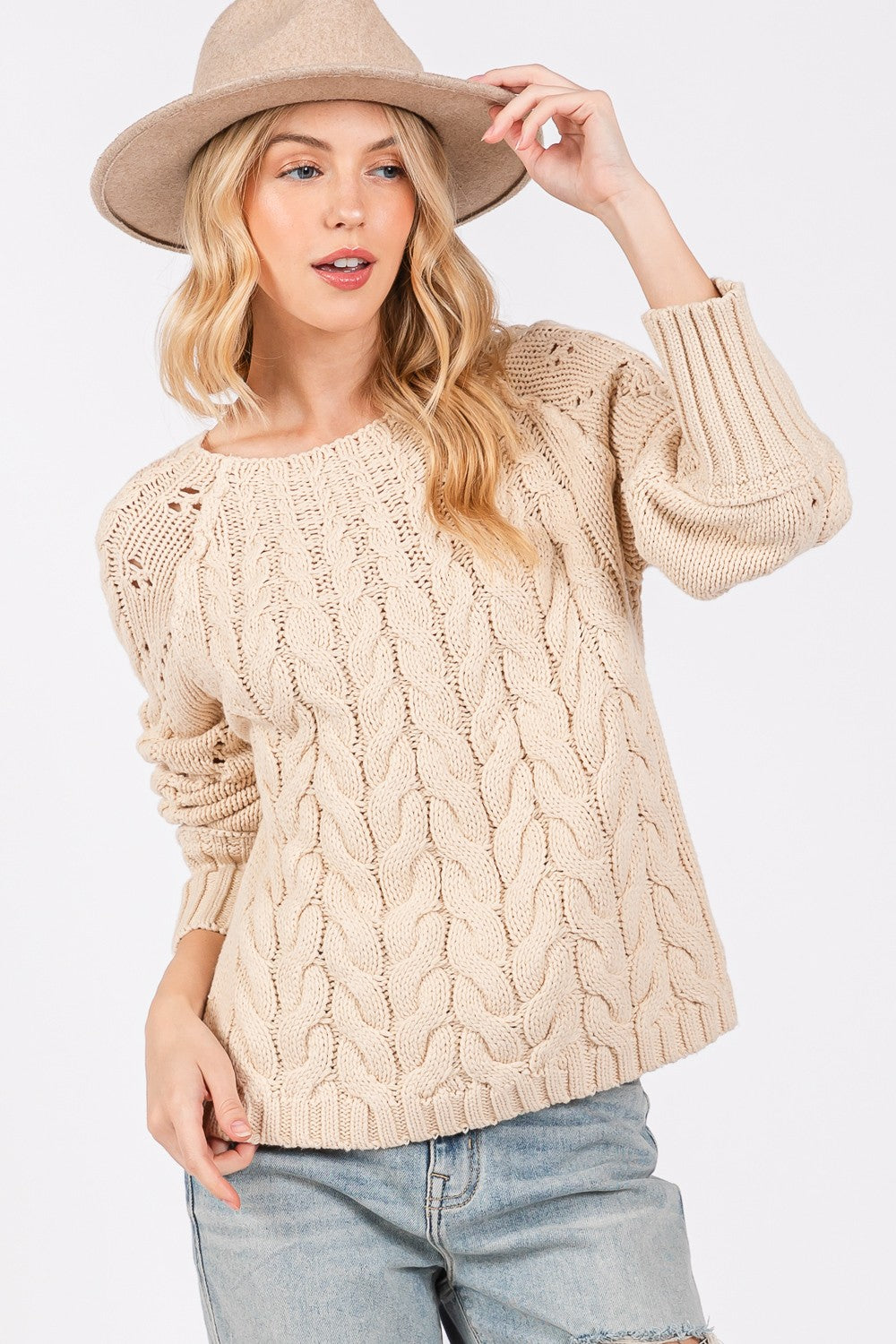 SAGE + FIG Cable-Knit Long Sleeve Sweater SAGE + FIG Cable-Knit Long Sleeve Sweater - TopFashionHQ