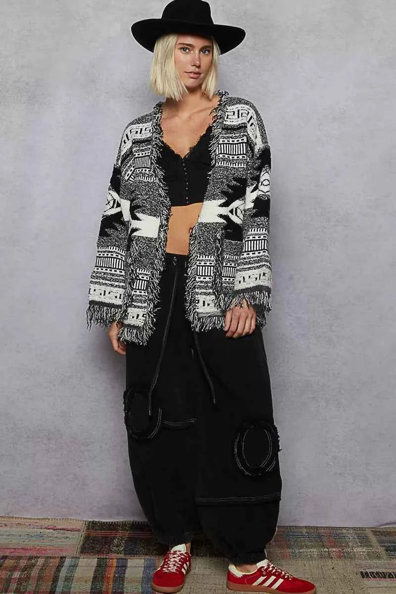 POL Open Front Geometric Print Cardigan with Fringe Detail POL Open Front Geometric Print Cardigan with Fringe Detail