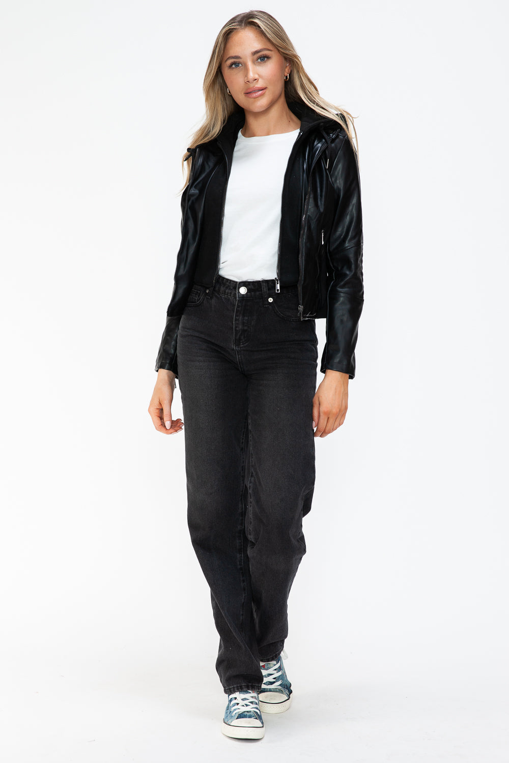 Snobbish Faux Leather Zip Up Drawstring Hooded Jacket Snobbish Faux Leather Zip Up Drawstring Hooded Jacket - TopFashionHQ