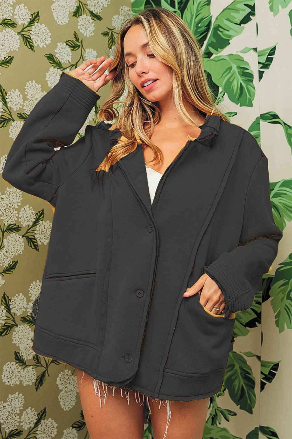 BiBi Single-Breasted Washed Fleece Jacket BiBi Single-Breasted Washed Fleece Jacket