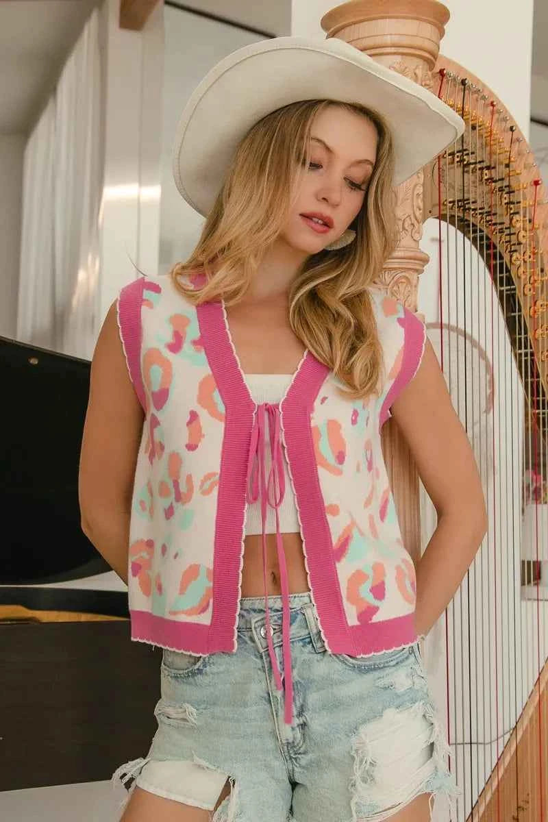 BiBi Leopard Sweater Vest With Front Tie and Scallop Detail BiBi Leopard Sweater Vest With Front Tie and Scallop Detail