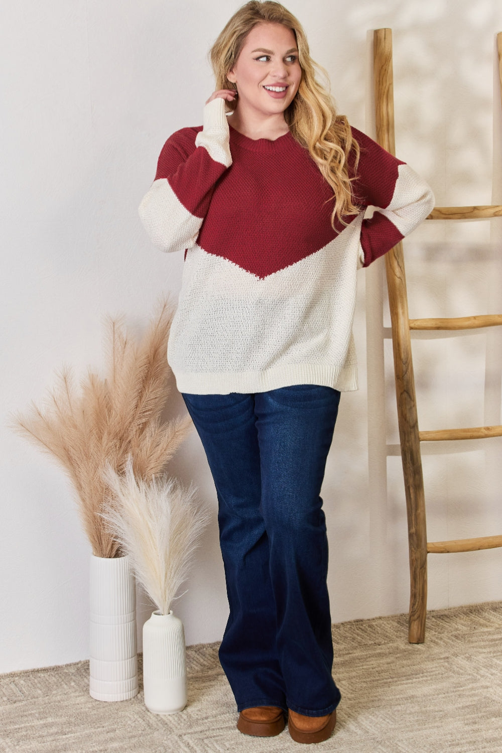 Hailey & Co Full Size Color Block Dropped Shoulder Knit Top Hailey & Co Full Size Color Block Dropped Shoulder Knit Top - TopFashionHQ