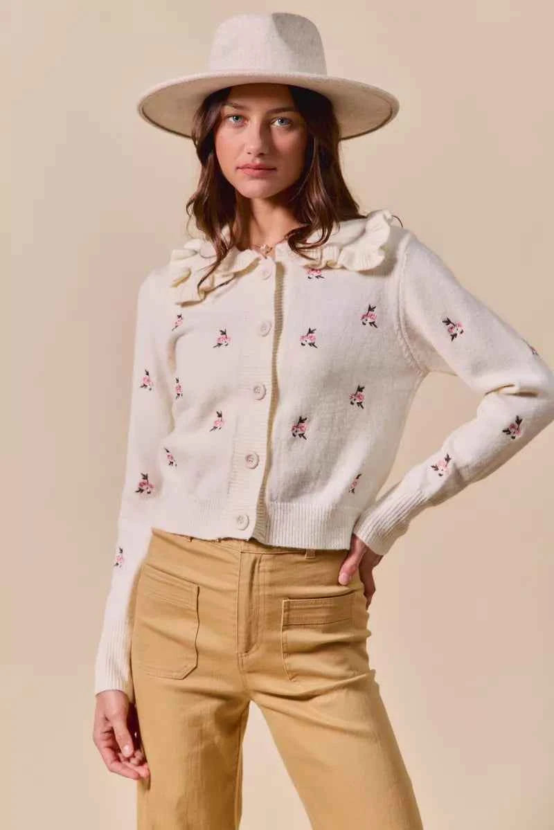 SO ME Collared Floral Embroidered Button Down Sweater Cardigan SO ME Collared Floral Embroidered Button Down Sweater Cardigan
